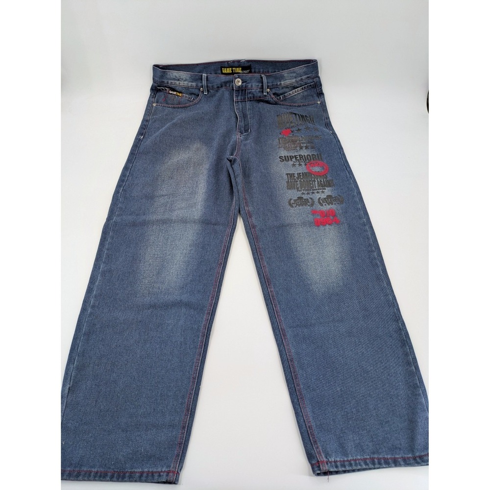 Vtg Game Time Baggy Jeans Size 38 Y2K Hip Hop Skater Wide Leg Blue Denim Graphic